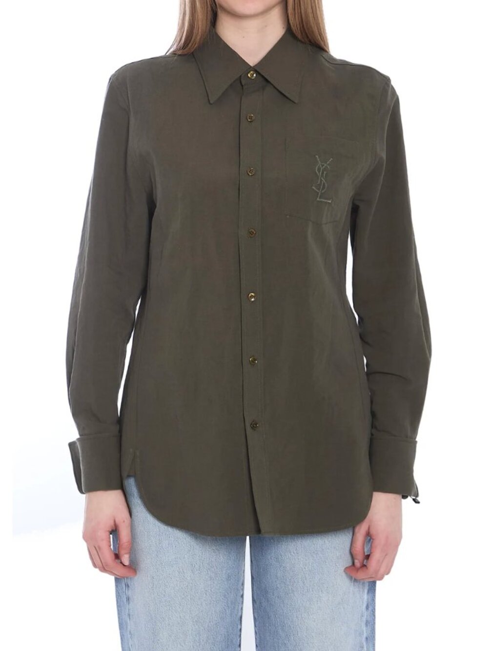 $1350 NWT YSL Green Olive Polo Embroidered Logo Cassandre Blouse Shirt size 6/38